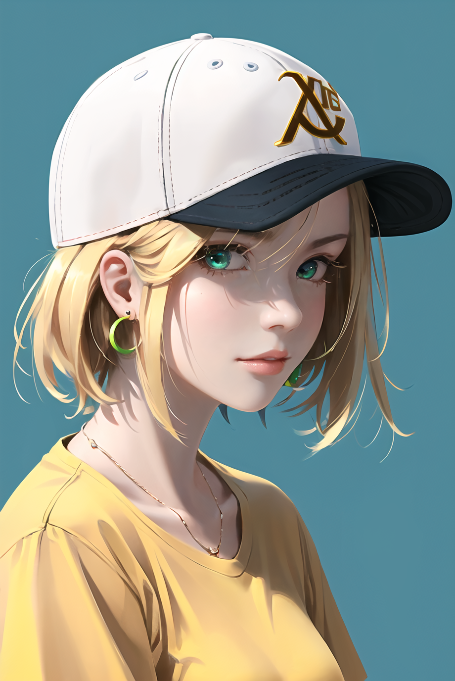 wlop,  masterpiece, best quality, 1girl, aqua eyes, baseball cap, blonde hair, closed mouth, earrings, green background, h...